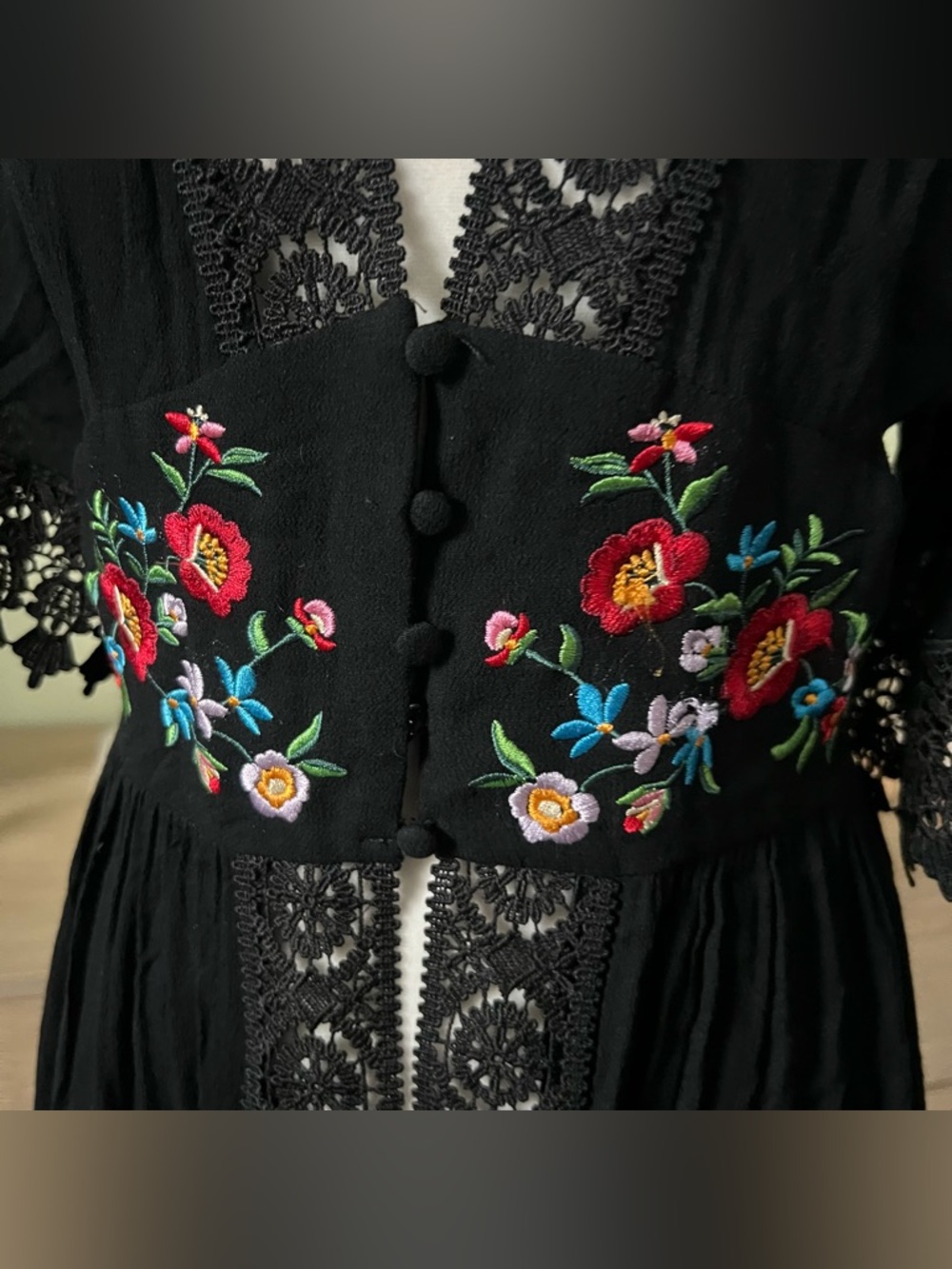 FOREVER21 Black Lace Trim Hem Flowy Embroidered Floral Corset Flowy Duster Dress - Picture 7 of 17